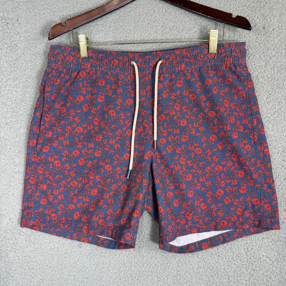 Fair Harbor Swim Shorts Mens Medium Blue Red Floral Drawstring Lined